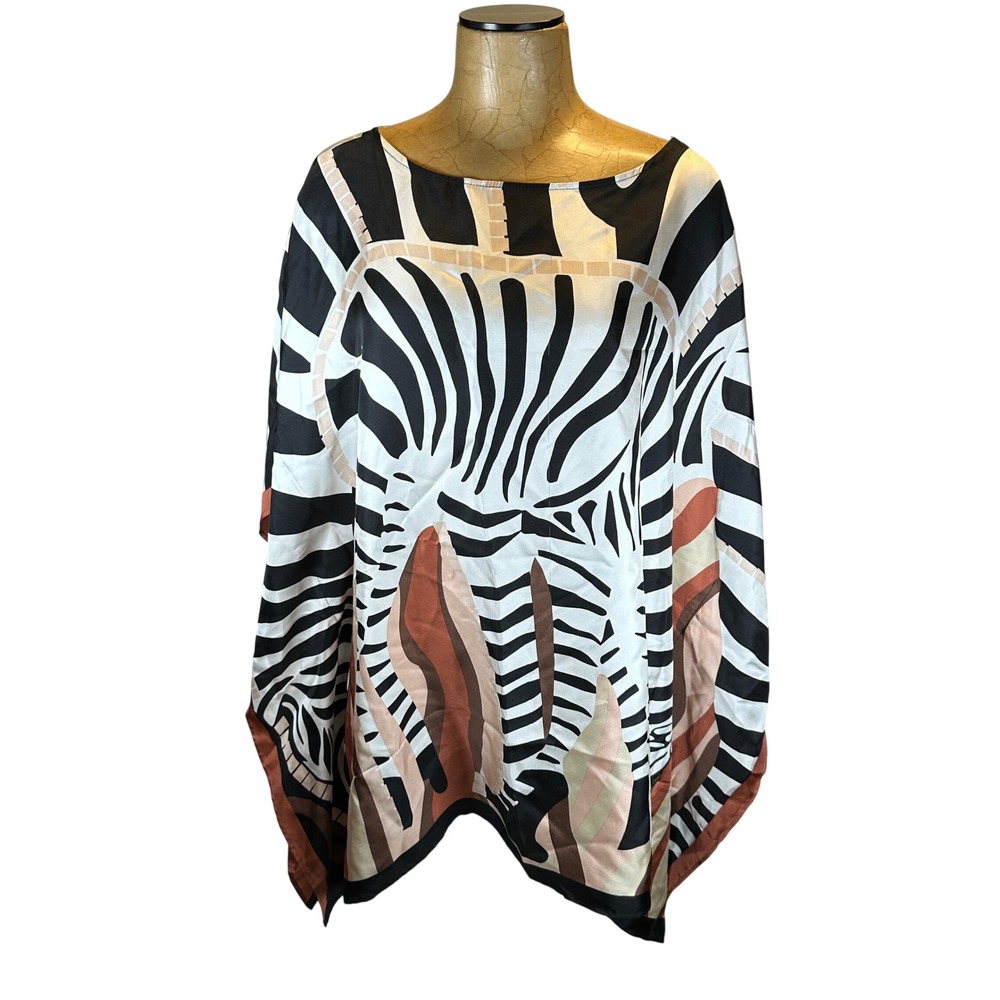 Chico's Silk Zebra Print Kaftan Top Black Brown White L/XL Poncho Blouse - Picture 6 of 9